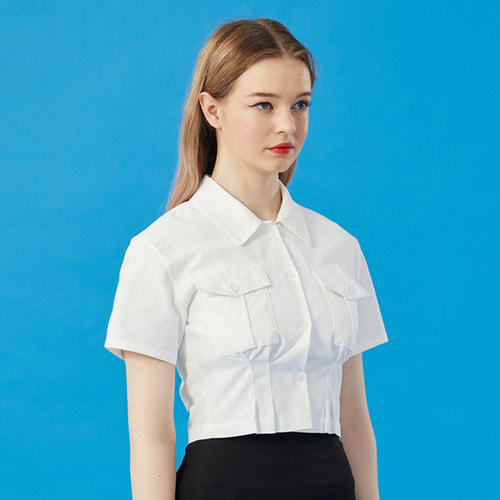 [9차 재입고] WOMEN 크롭 슬림 무지 포켓 반팔 셔츠 [WHITE] 크롭티 반팔티