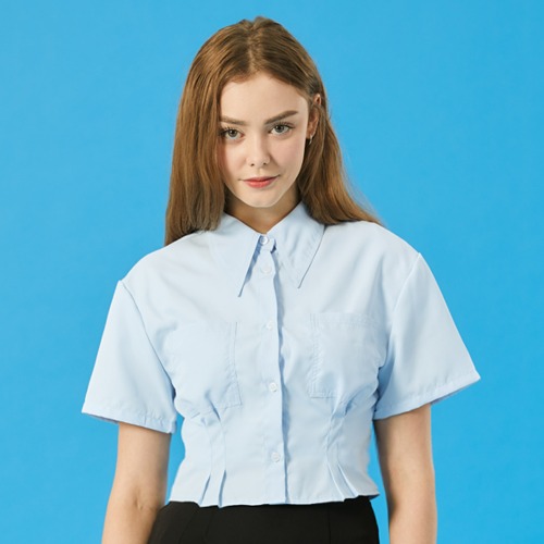 [단독] WOMEN 크롭 슬림 반팔 셔츠 [파스텔 블루] 크롭티 반팔티 ver.