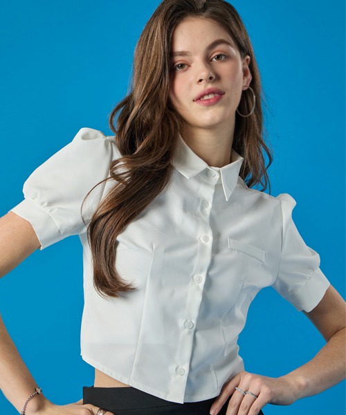 WOMEN 여름 퍼프 크롭 슬림 반팔 셔츠 [WHITE] 블라우스 ver.