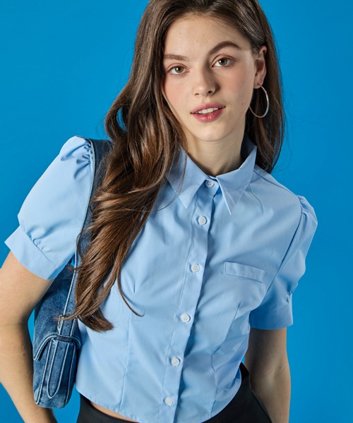 WOMEN 여름 퍼프 크롭 슬림 반팔 셔츠 [SKY_BLUE] 블라우스 ver.